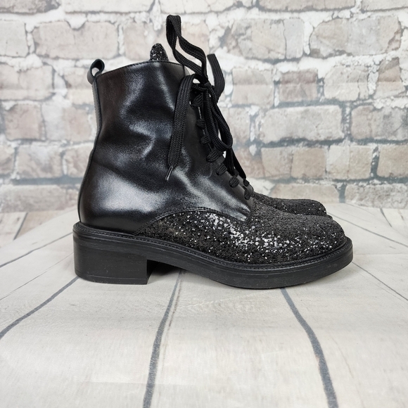 Tosca Blu Leather Combat  Boots Black Glitter Accents Size 39 Goth Punk - Picture 2 of 15